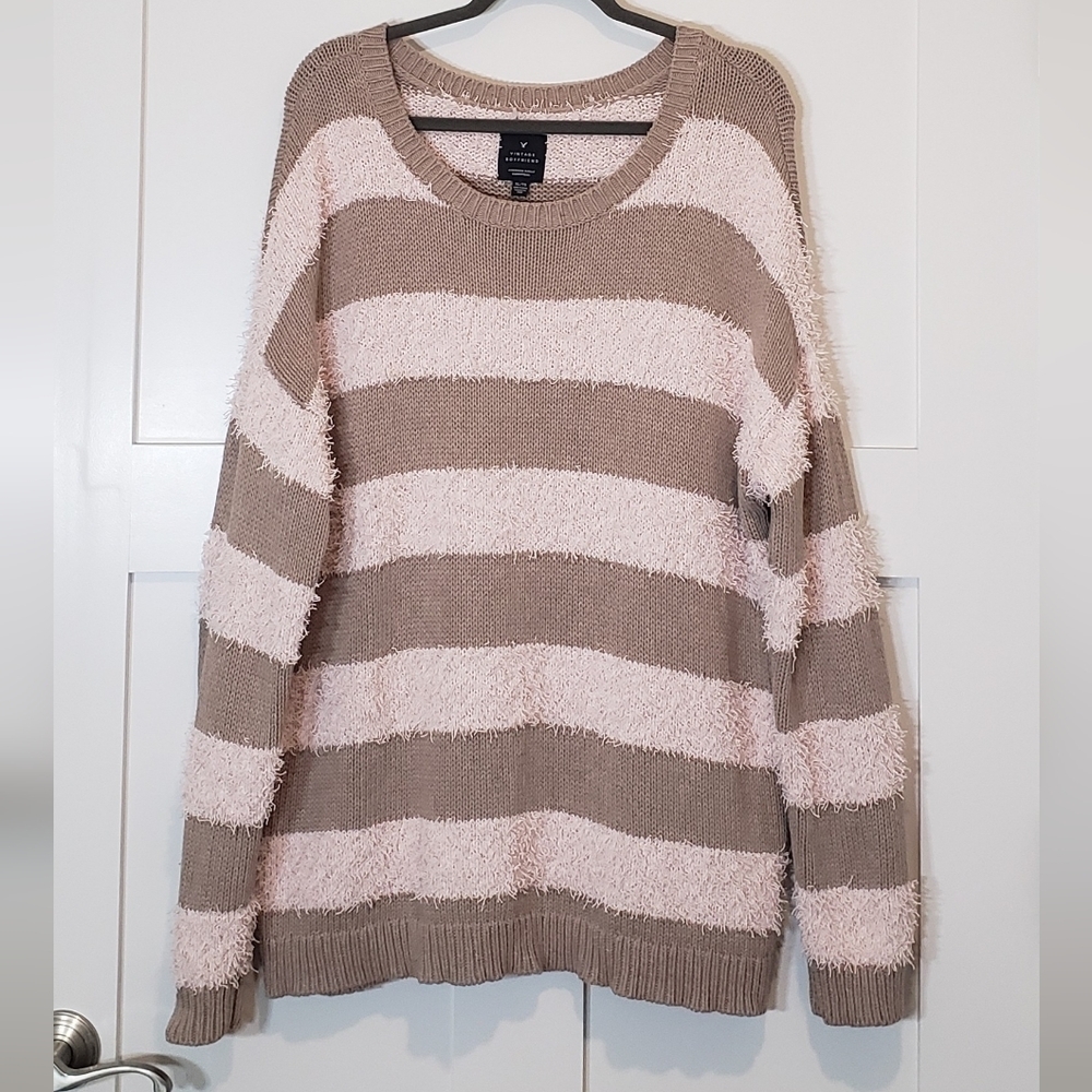 American Eagle Vintage Boyfriend Pullover Sweater Taupe & Light Pink Siz…